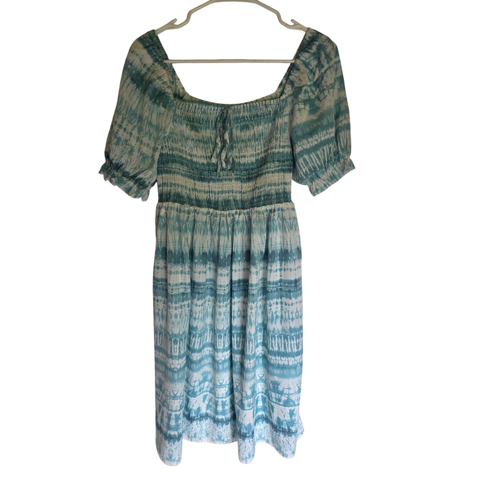 Suzanne Betro Blue White Tie Dye Smocked Puff Sleeve Midi Dress Small Pockets